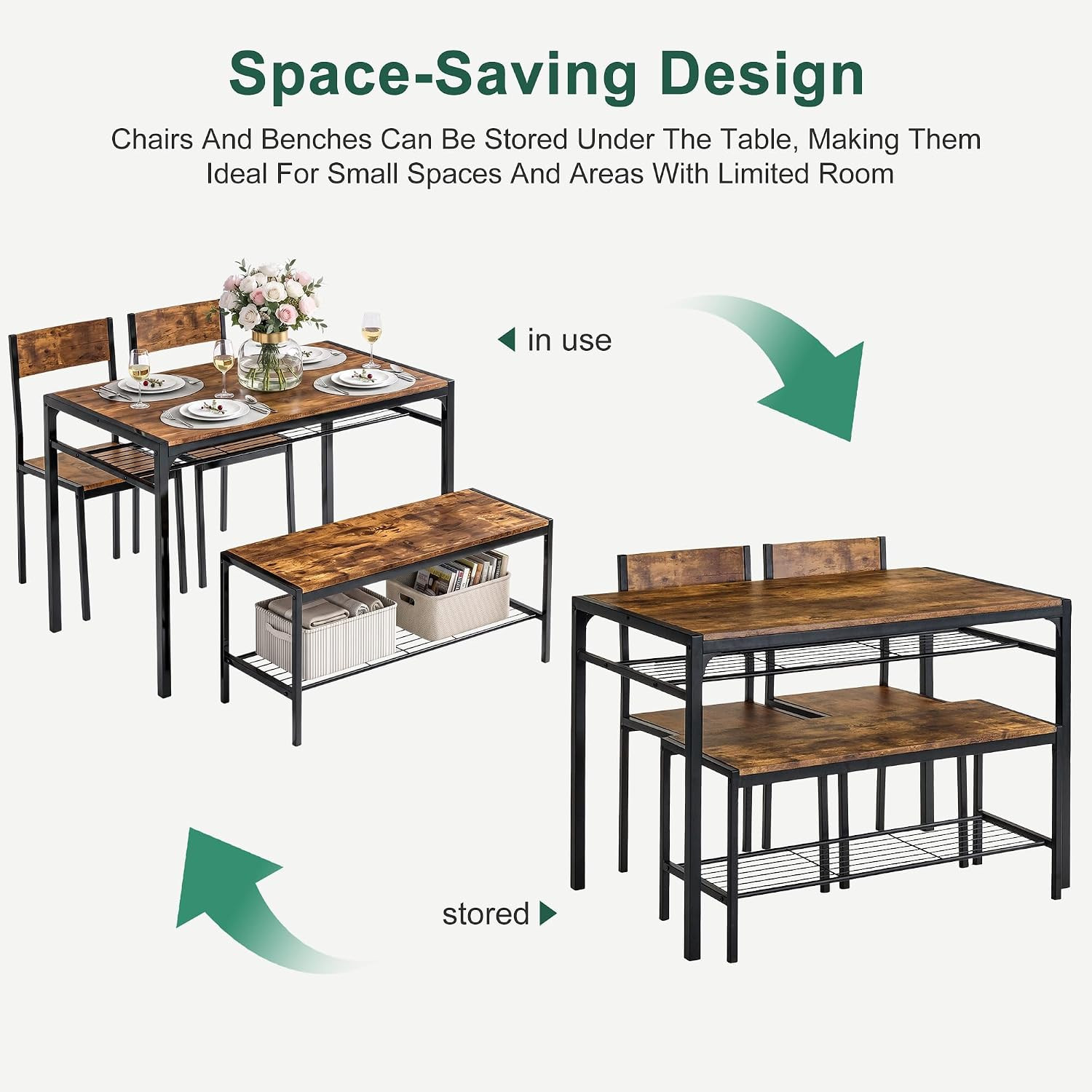 Kitchen Dining Room Table with 2 Chairs & Bench, Compact Space-Saving Design, Ea