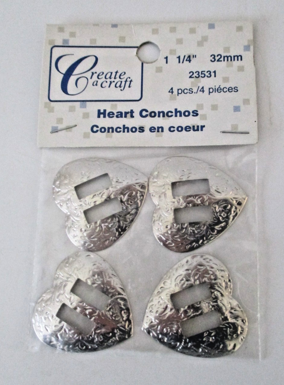 4 Silver Tone HEART CONCHOS1-1/4" (32mm) NEW IN PACKAGE AZS