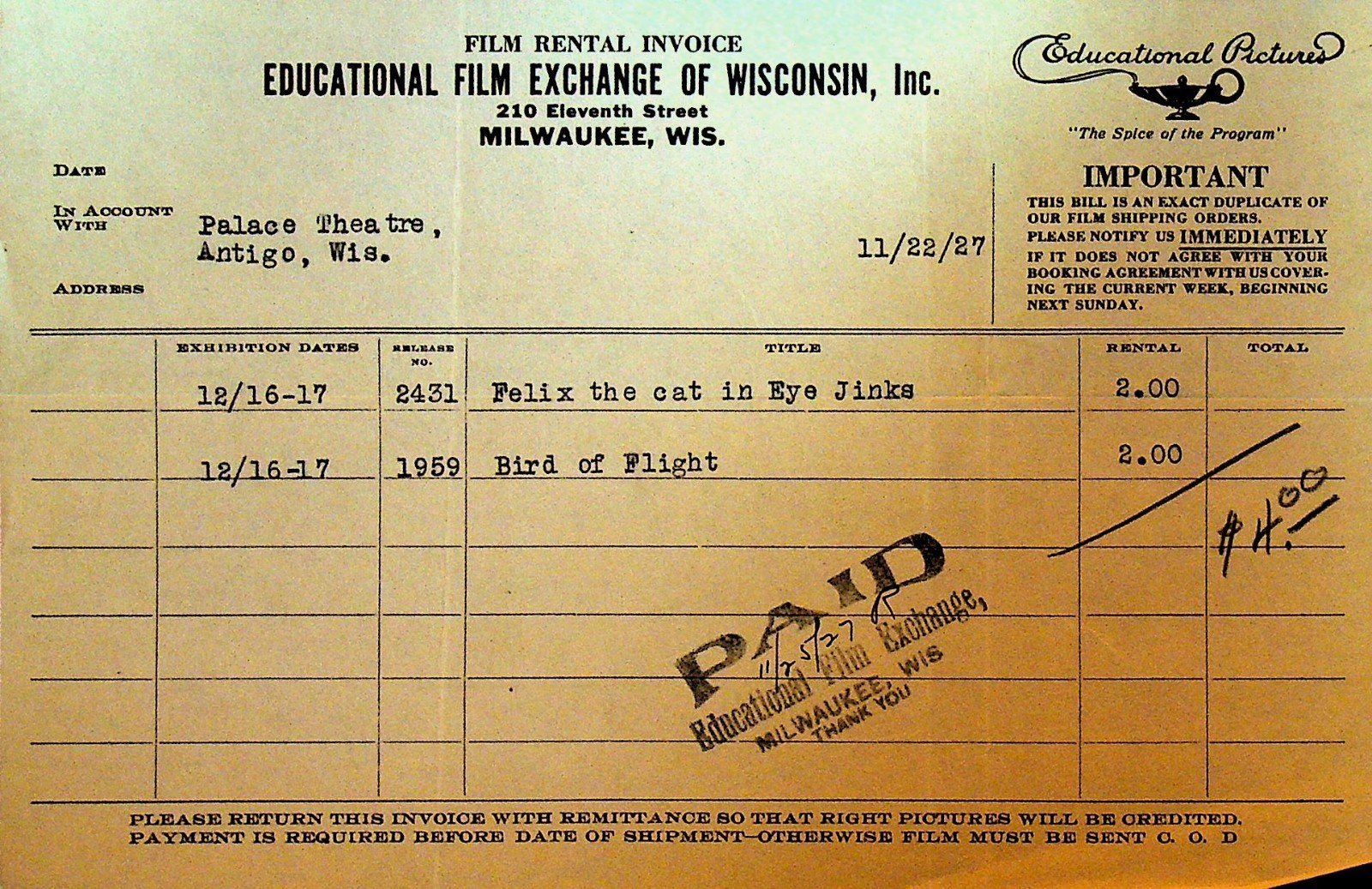 Educational Film Exchange of Wisconsin Invoice November 22 1927 Felix the Cat