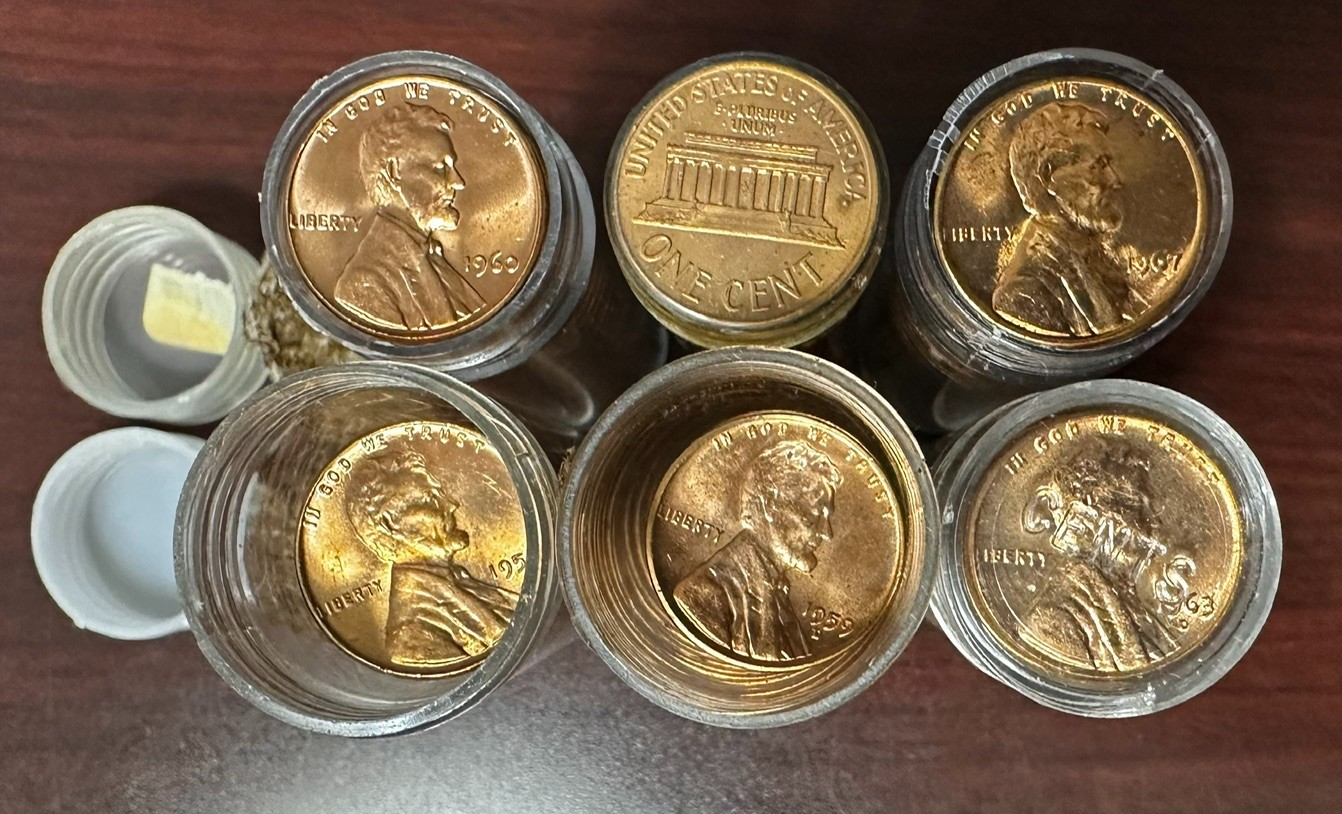 1959 - 1967 1c Lincoln Pennies 6 Original Gem Uncirculated RED Rolls 300 Coins!