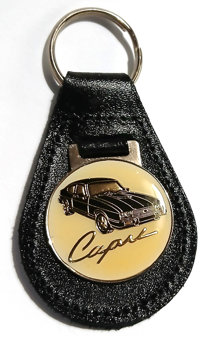 FORD CAPRI MK3 METAL ENAMELED FOB LEATHER BACK TRADITIONAL ENGLISH KEYRING BLACK