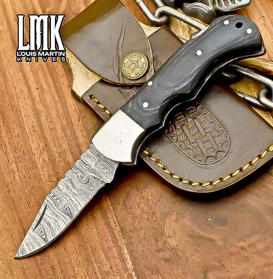 LMK Hot Item Twist Damascus Folding Knife Hard Wood Back Lock Fishing