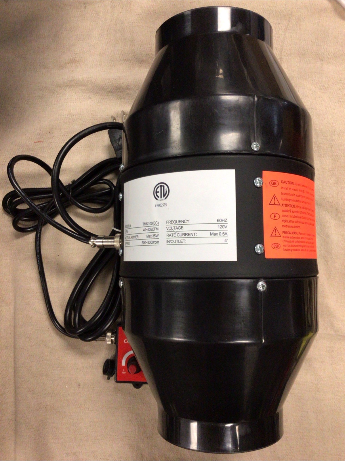 4 In Exhaust Fan Inline Duct Fan HVAC Blower Kit With Speed Controller- NOB