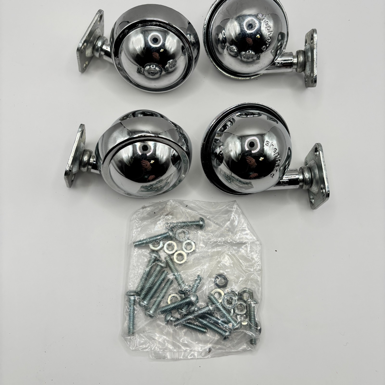 Set of 4 Shepherd Metal Roller Caster Wheels - Chrome Color - NEW - w/ Hardware