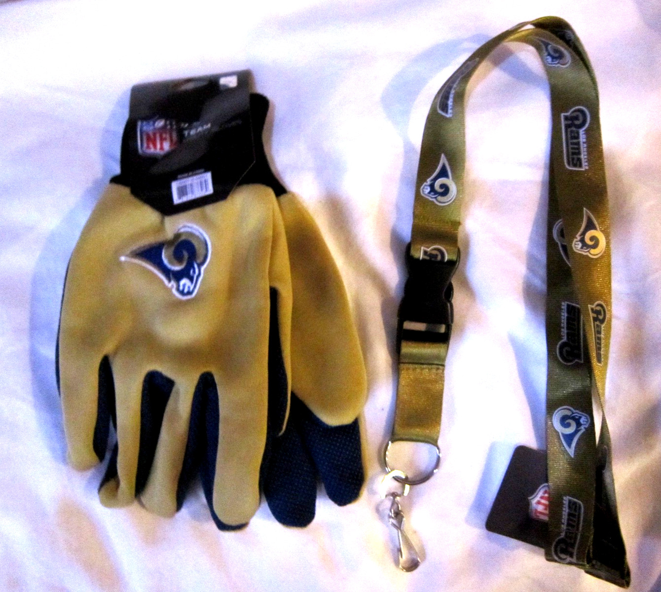 LA Rams Gold/Blue Logo Utility Gloves+LA Rams Gold ID Holder Lanyard Combo-New!