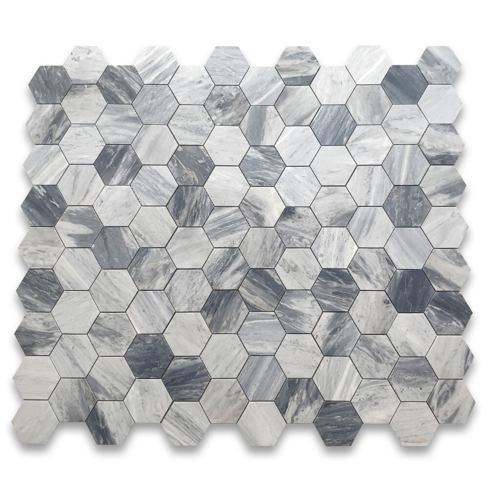 K34XH 4" Hexagon Italian Bardiglio Gray Dark Grey Marble Mosaic Tile Honed