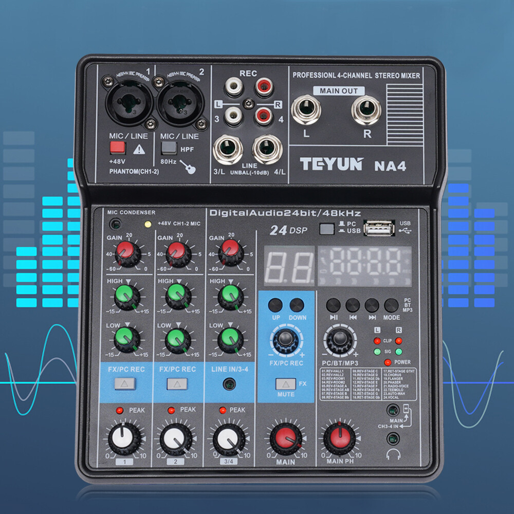 2/4 Channel Mini Audio Mixer Bluetooth USB DJ Console with Sound Card