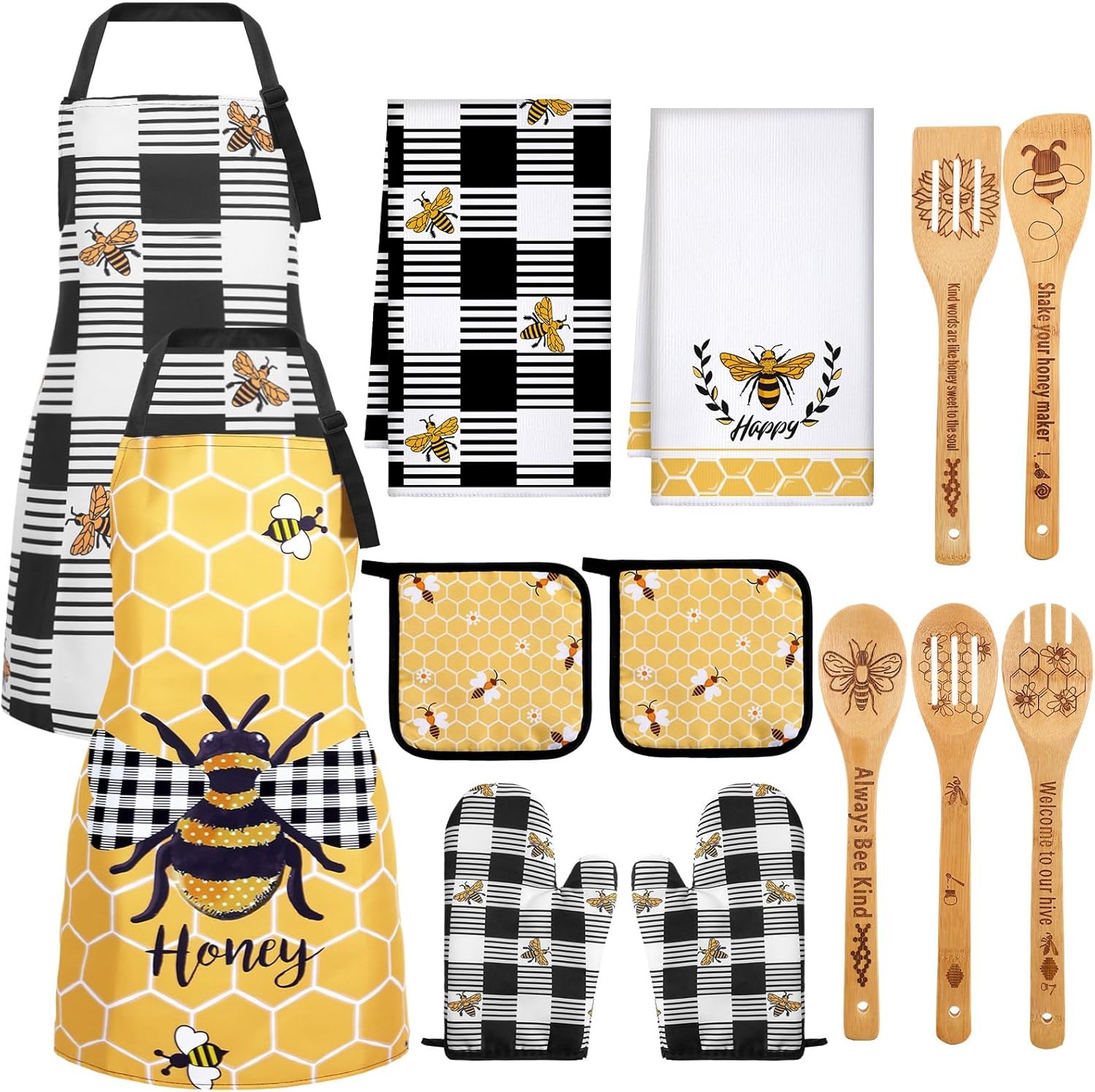 Bencailor 13 Pcs Bee Kitchen Decor Accessories Kitchen Apron Dish Towels Oven Mi