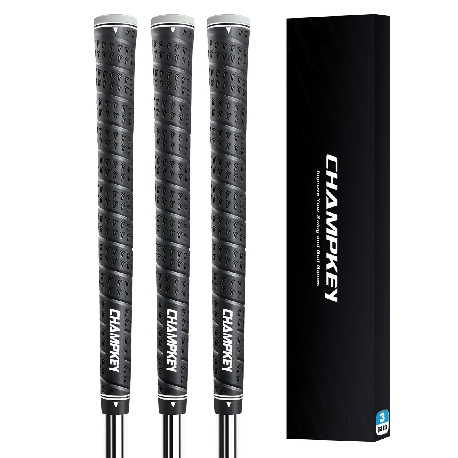 CHAMPKEY 3 Pack WRAP-Y Rubber Golf Grips - High Feedback and Traction Black