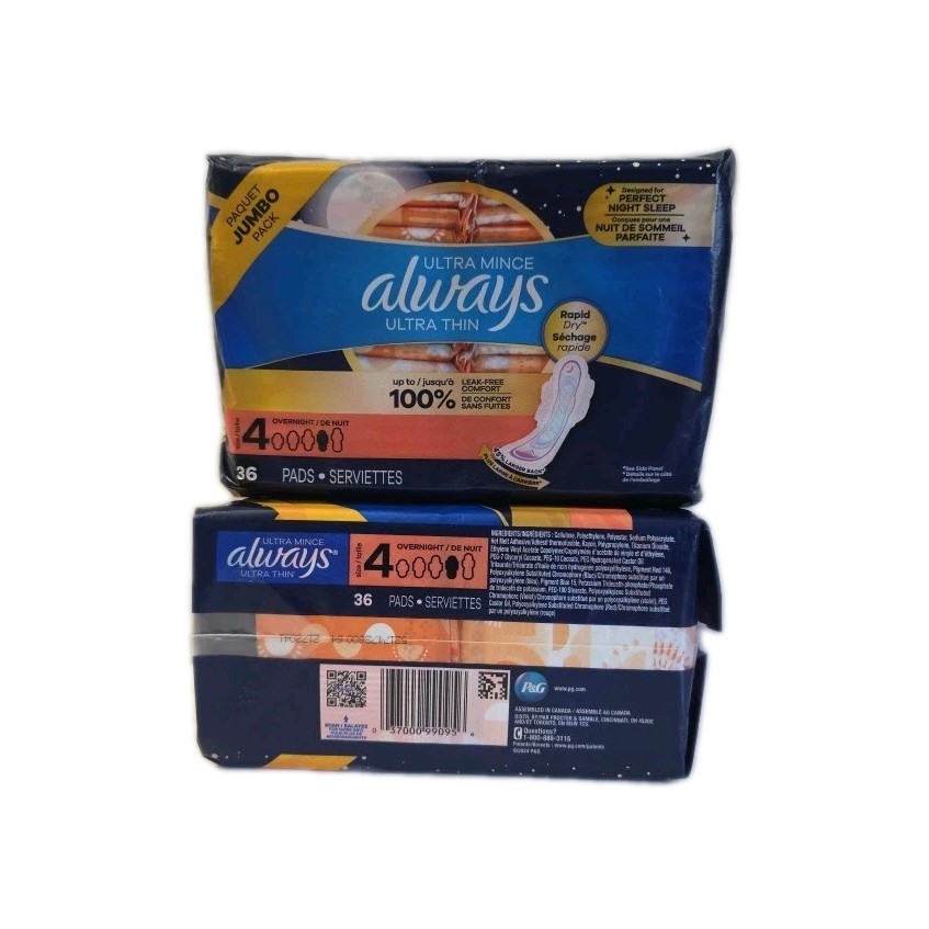Always Ultra Thin Overnight Pads Size 4 Wings LeakGuard Lot of 2 (72 Total)