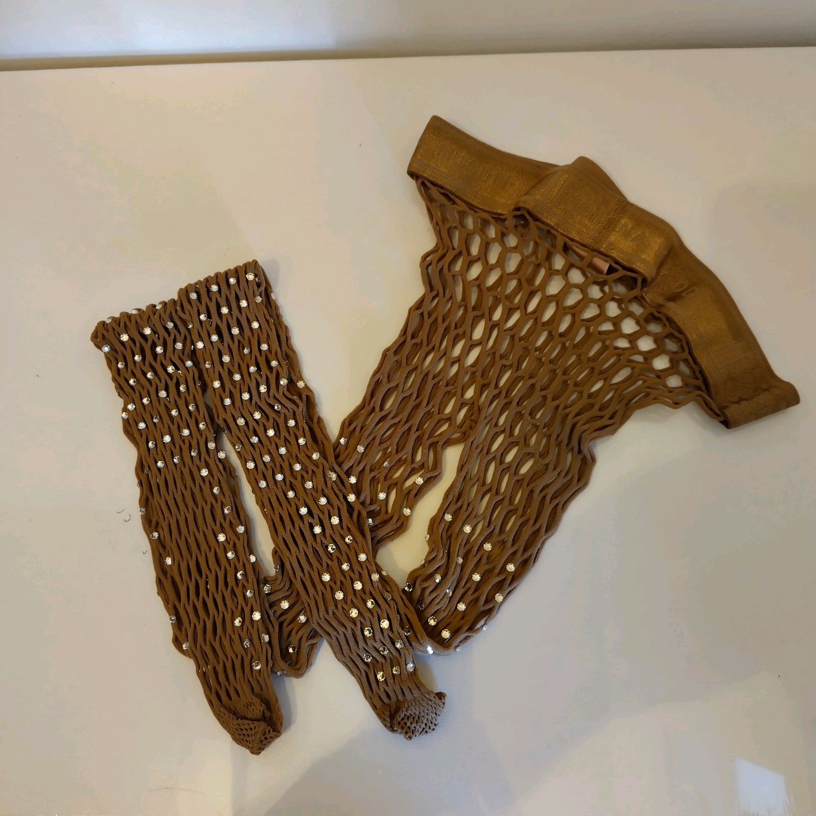Wolford Amina Muaddi Fishnet Tights Size XS Honey Sequinned Honey Colour
