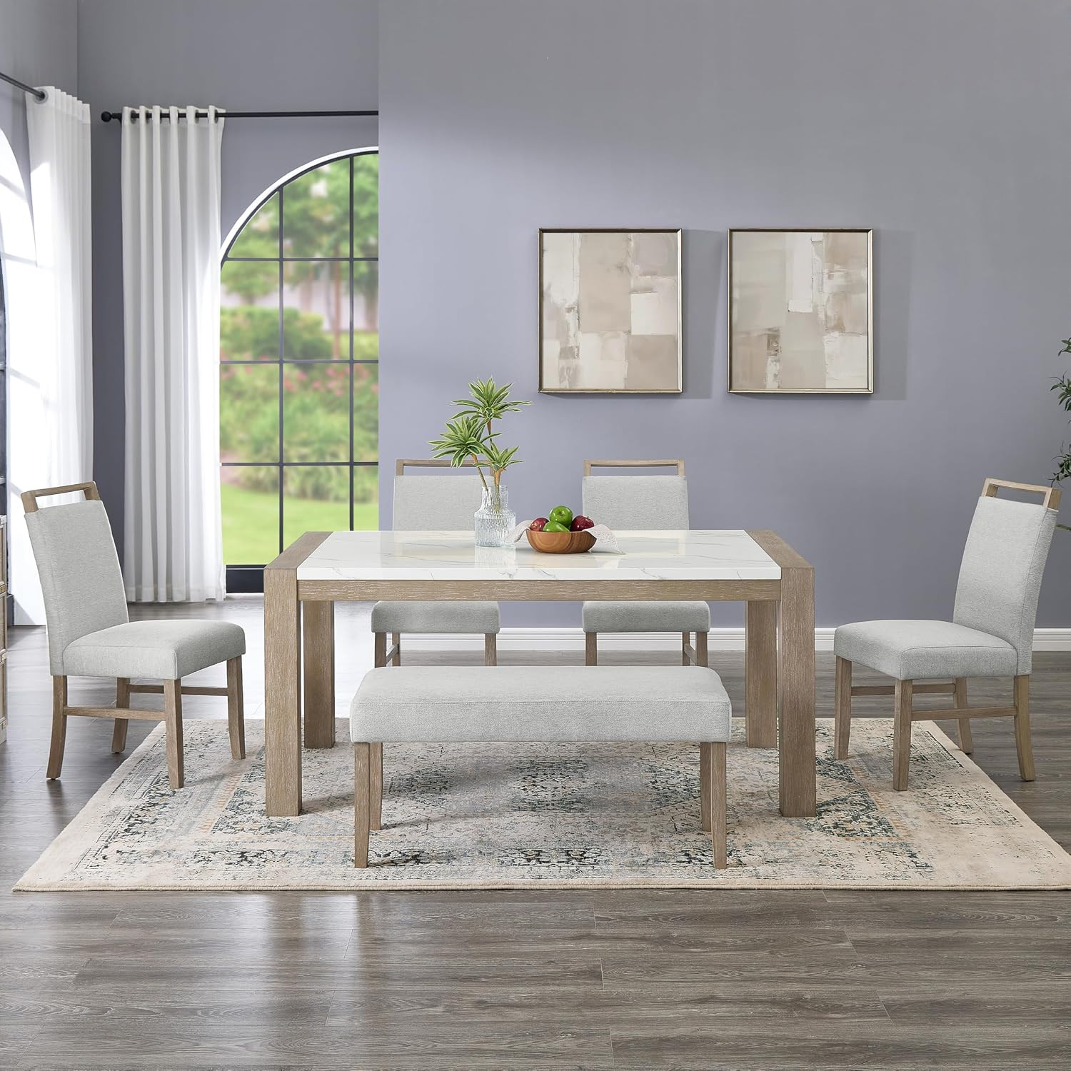Zelalle 6-Piece Dining Set, Table, 4 Chairs, and Bench, White Wired-Brushed Fini