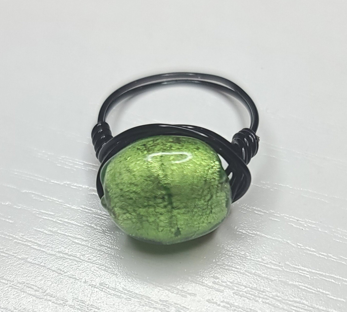 Handmade Wire Wrapped Ring Brilliant Green Bead Size 8.