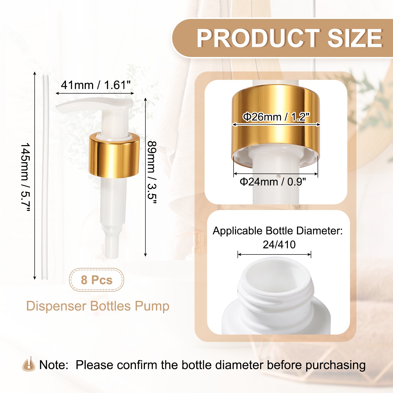 8Pcs Dispensers Top Replacement, Bottle Pump Head for 24/410, Gold White