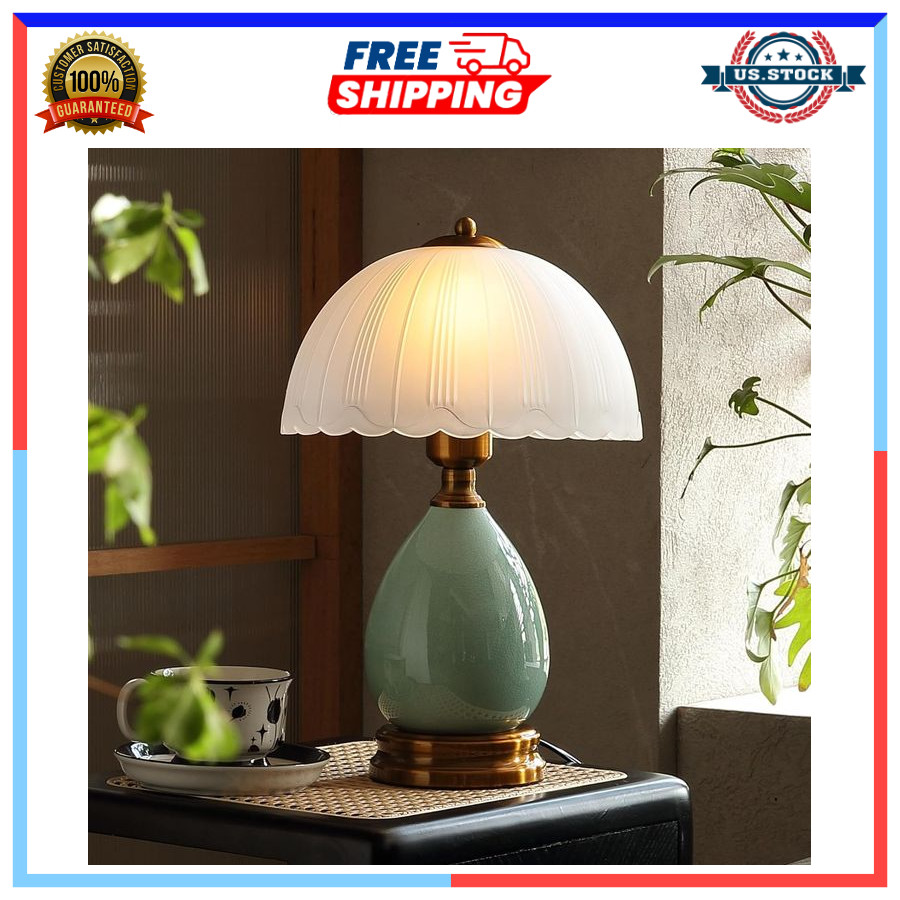 16" Modern Ceramic Table Lamp Vintage Chinoiserie Green Nightstand Light