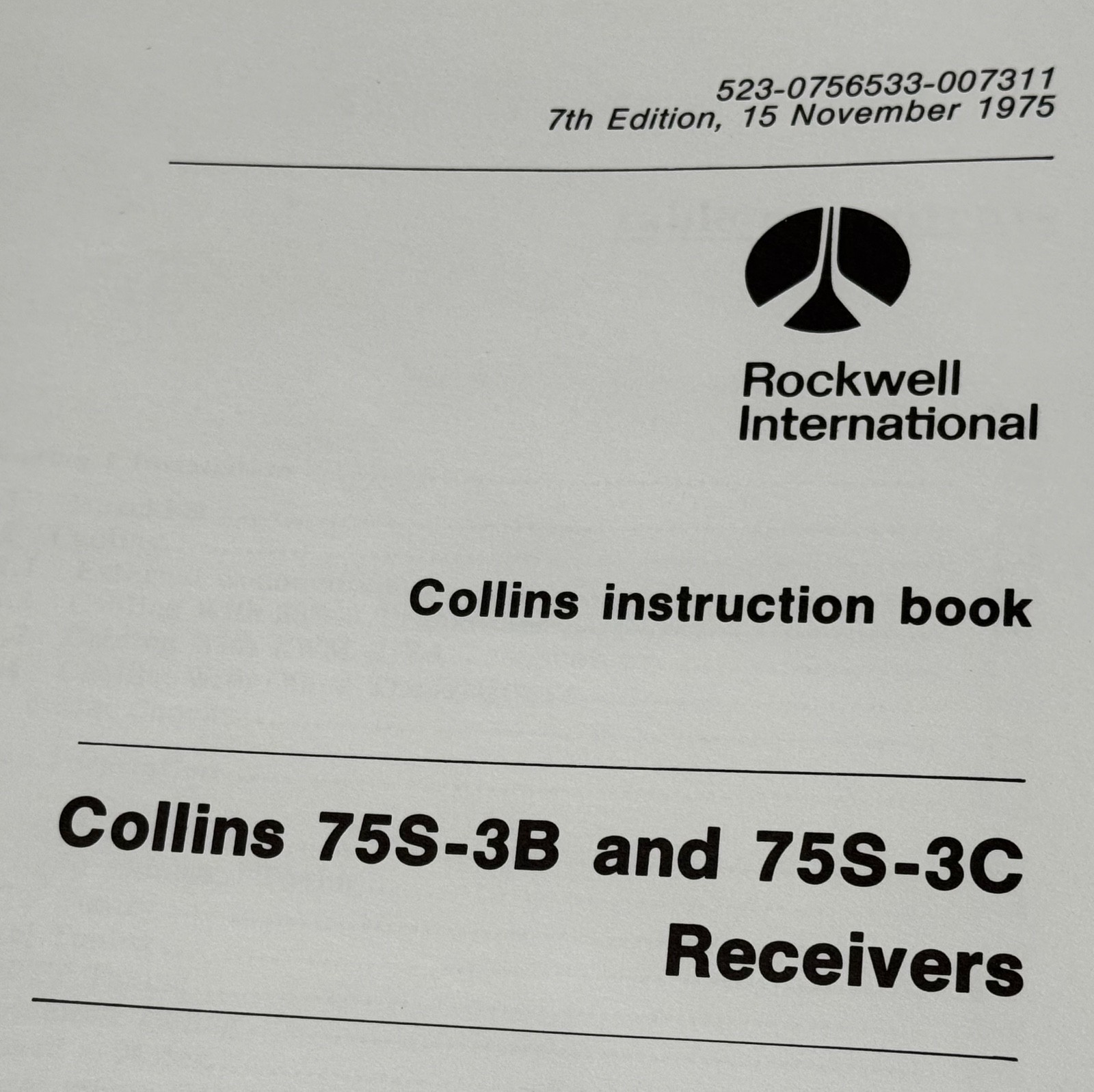 Collins Rockwell Instruction Manual Model 75S-3B 75S-3C Receiver - NEW ORIGINAL