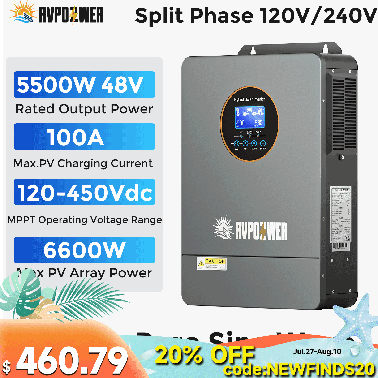 5500W Solar Hybrid Inverter 48V 110V/220V AC Split Phase Off-Grid Pure Sine MPPT