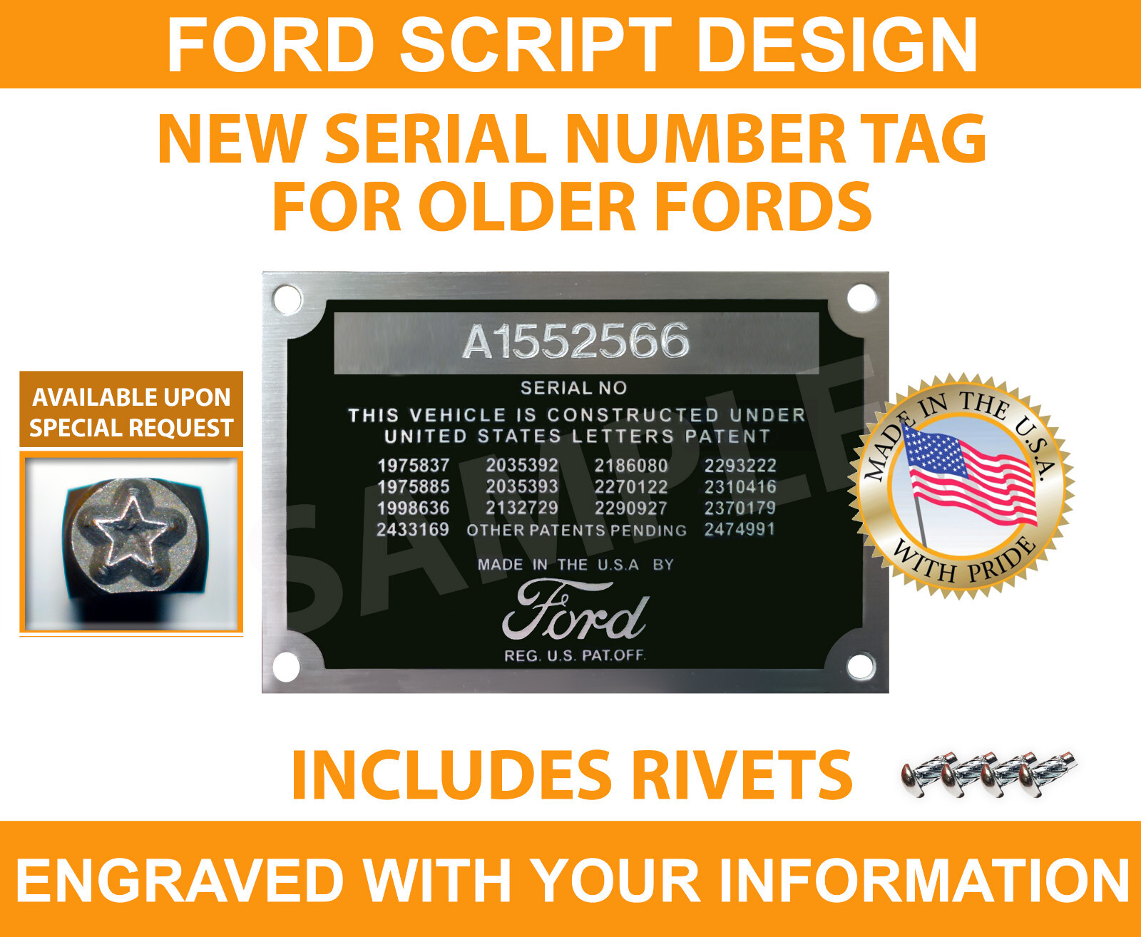 SERIAL NUMBER ID TAG DATA PLATE VINTAGE SCRIPT DESIGN CUSTOM ENGRAVED USA
