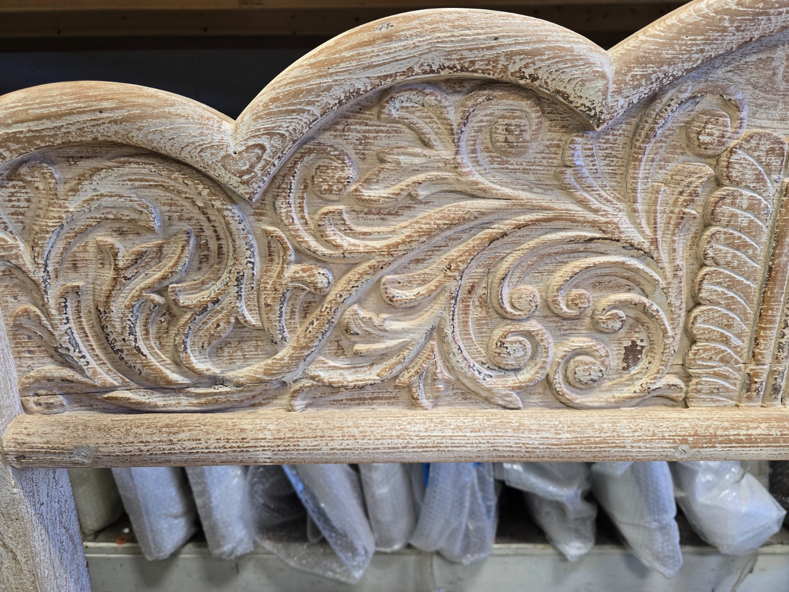 Reclaimed solid wood bench with floral carving design