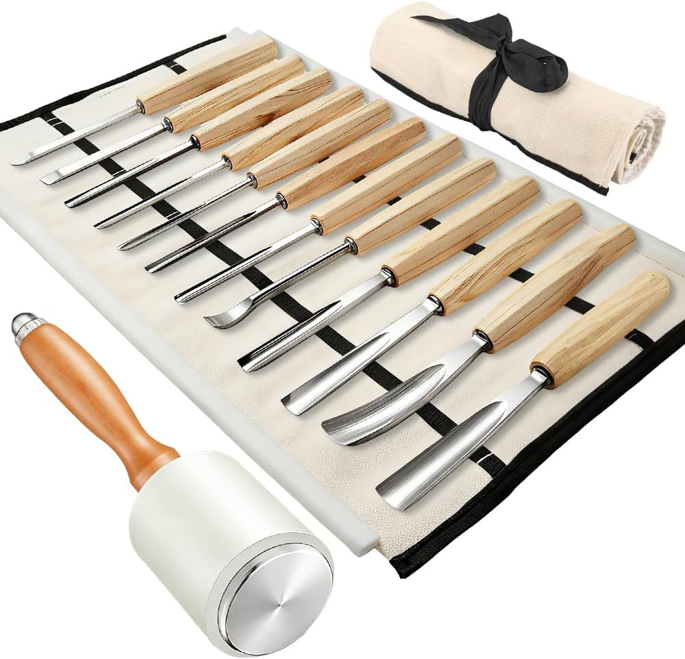 Wood Carving Kit, 12 Chisels + 1 Mallet + Canvas Pouch, Wood Carving Tools, Cr-V