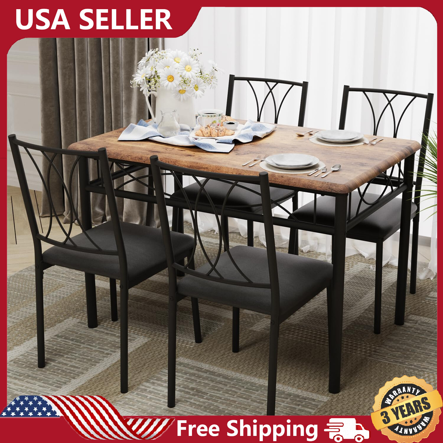 5 Piece Dining Table Set for 4 ,Dinette Kitchen Table and 4 Upholstered Chairs