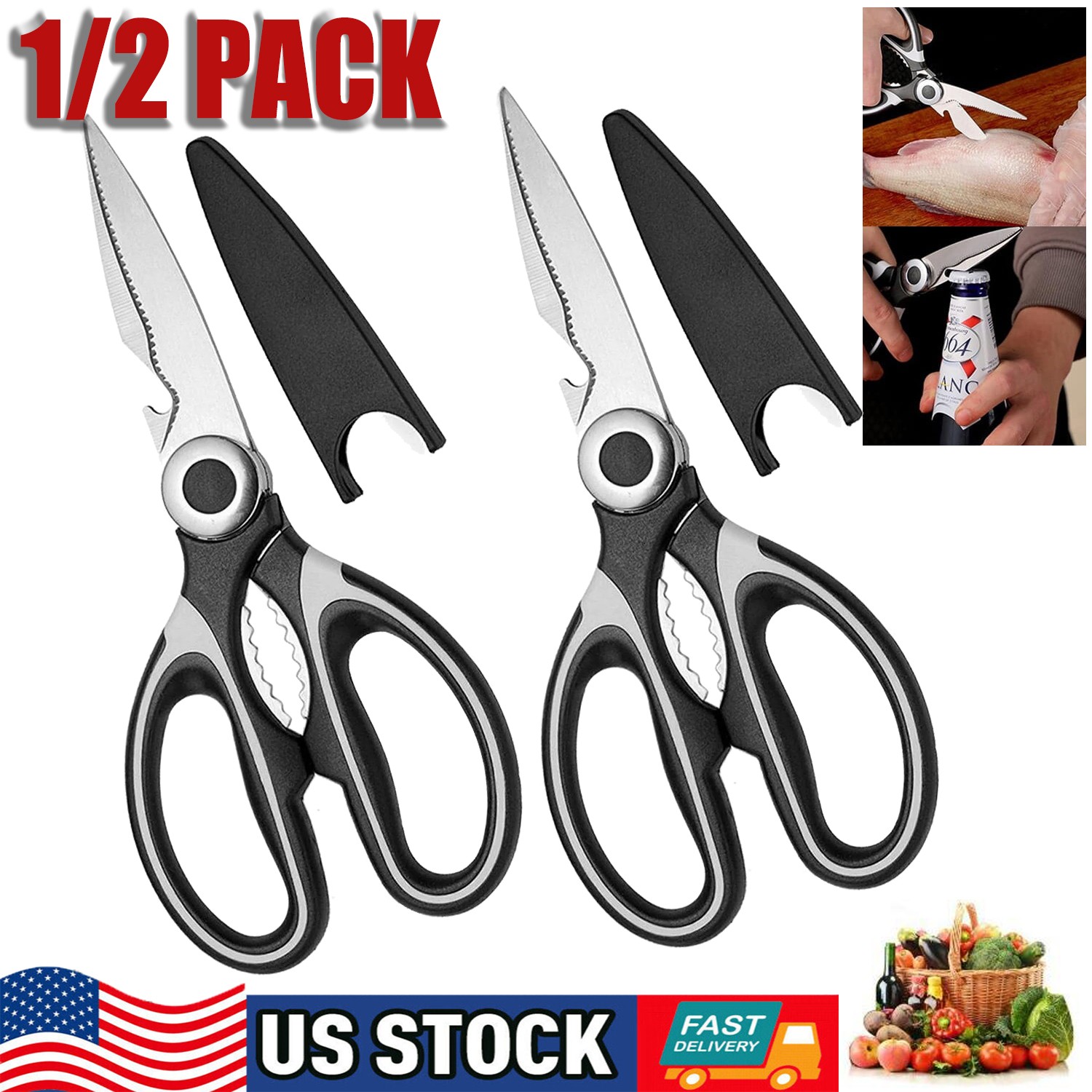 1/2x Kitchen Scissors Heavy Duty,Sharp Kitchen Shears for Food, Fish, Meat,Bones