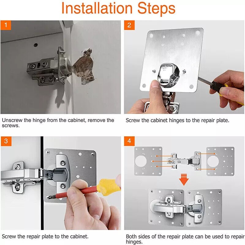 Hinge Repair Plate for Cabinet Door, 4x Stainless Steel Hinge Repair Bracket Kit
