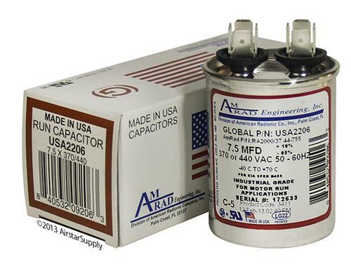 7.5 MFD x 370 / 440 VAC Round Run Capacitor AmRad USA2206 - Made in the USA