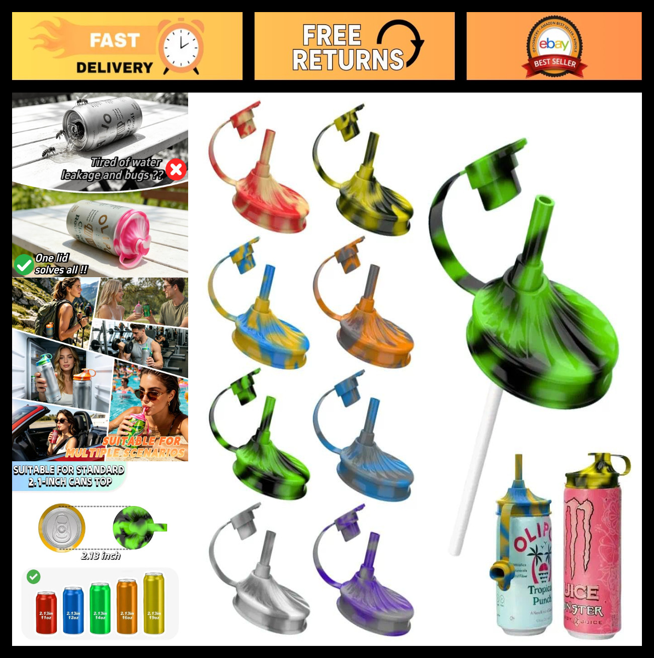 8 Pack Reusable Silicone Soda Can Lids with Straw, BPA-Free Covers for Standard
