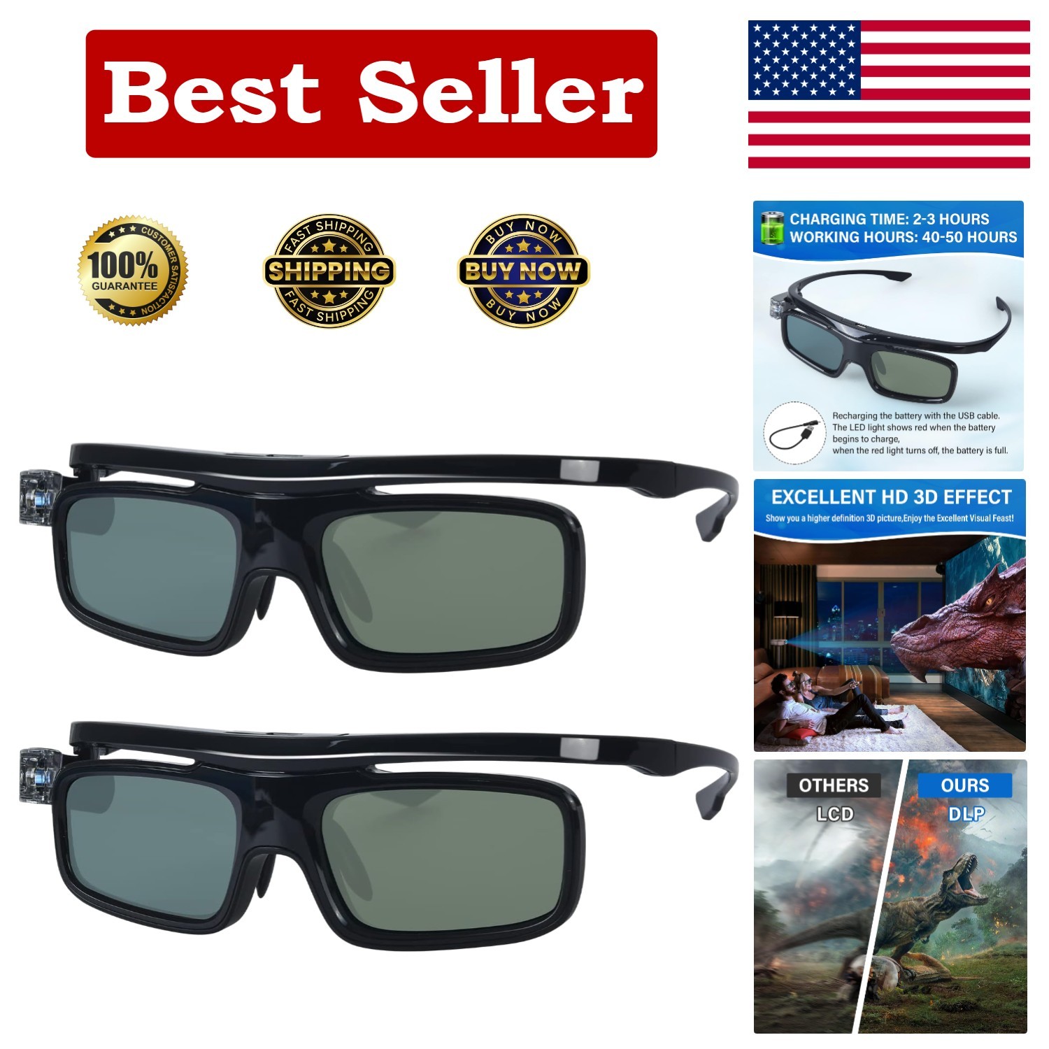 3D Glasses, Active Shutter Rechargeable Eyewear for 3D DLP-Link Projectors Co...