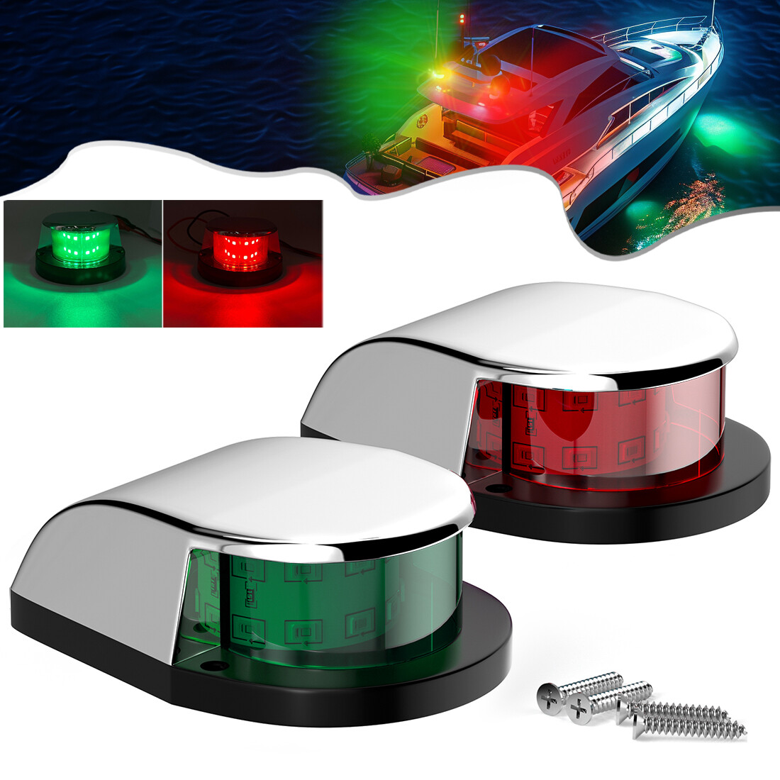 Pair Red Green Boat Navigation Lights LED 12V Marine Bow Stern Lights Waterproof