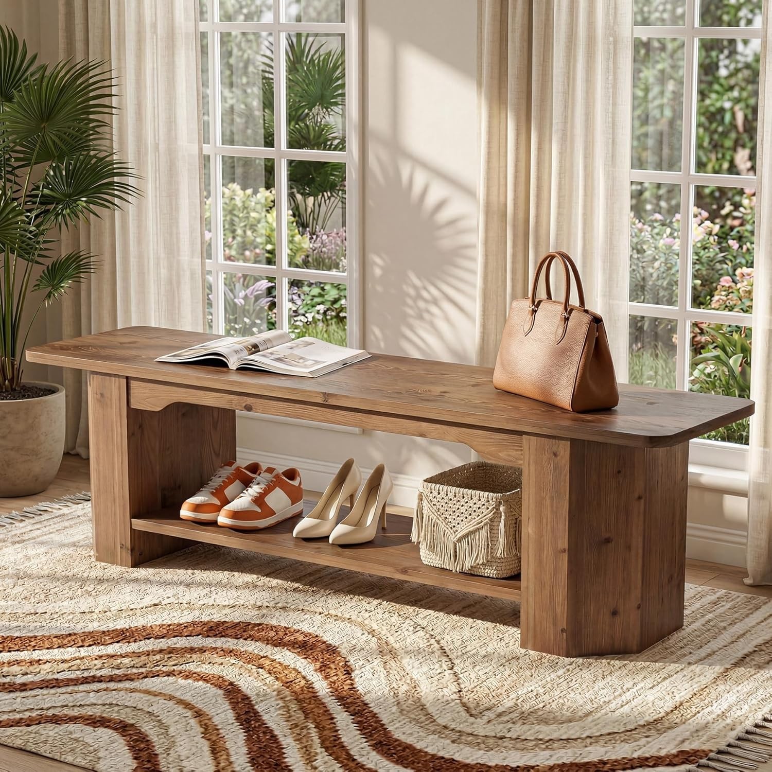 63 Inch Solid Wood Entryway Bench, Extra Long End of Bed Bench with Open Shelves