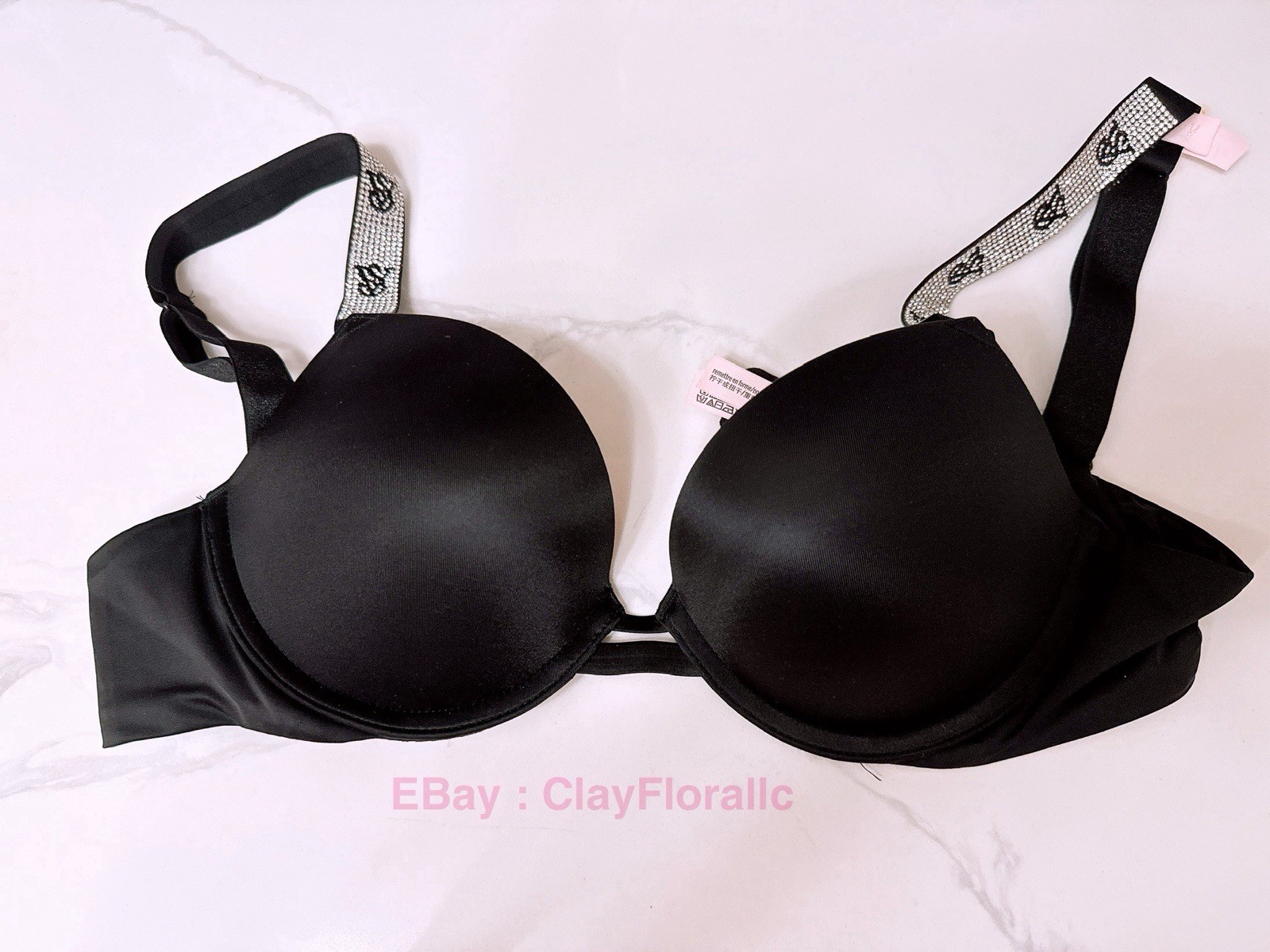 Victoria's Secret VERY SEXY Push Up Bra Set shine Black Logo 34 36 satin crystal