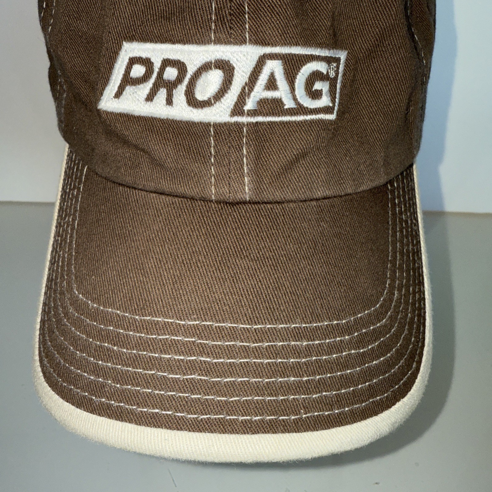 PRO AG White on Brown Cotton Hat Cap Hook Loop Port Authority White Topstitched