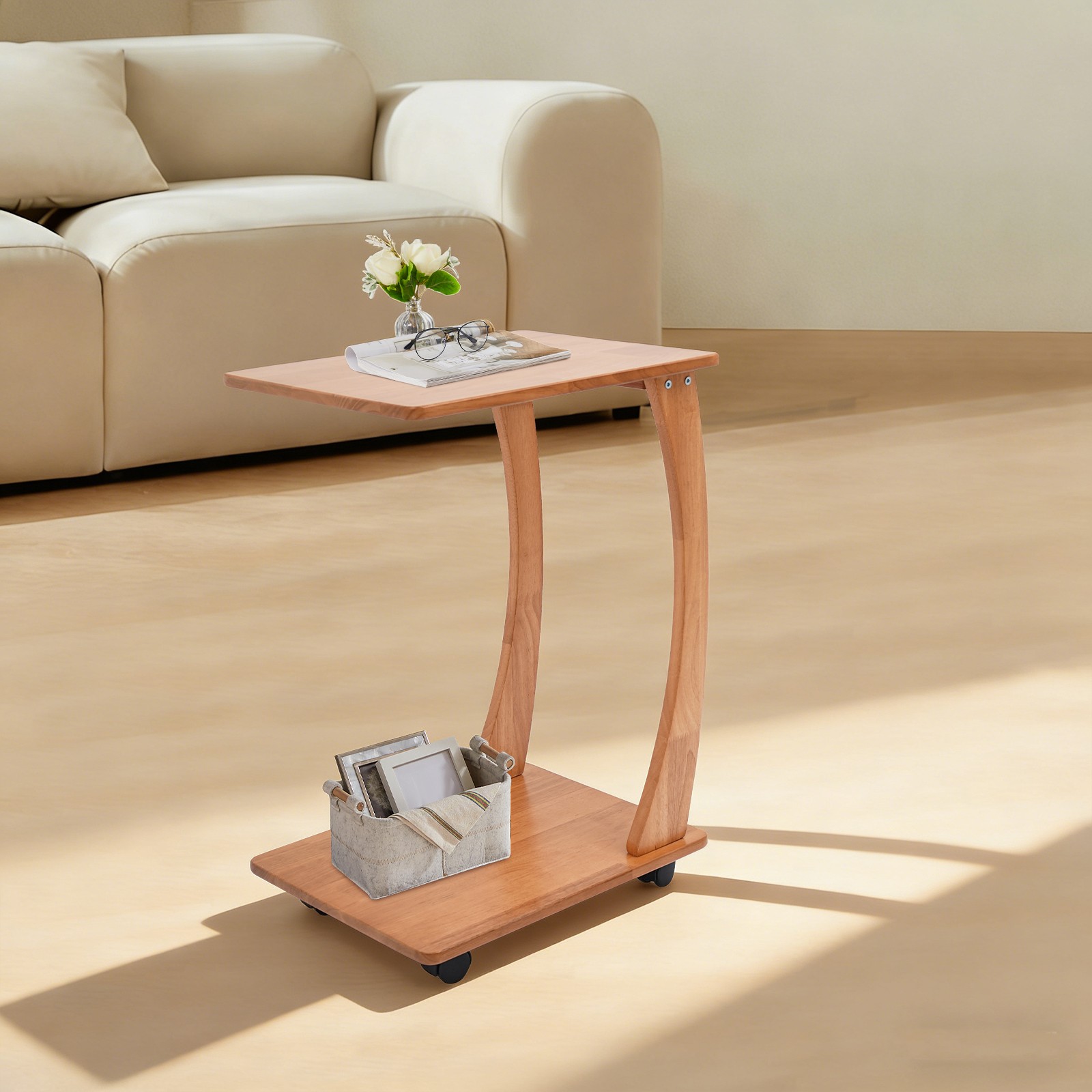 Solid Wood End Table With Rolling Wheels, C Shaped Side Table, Tv Tray Table