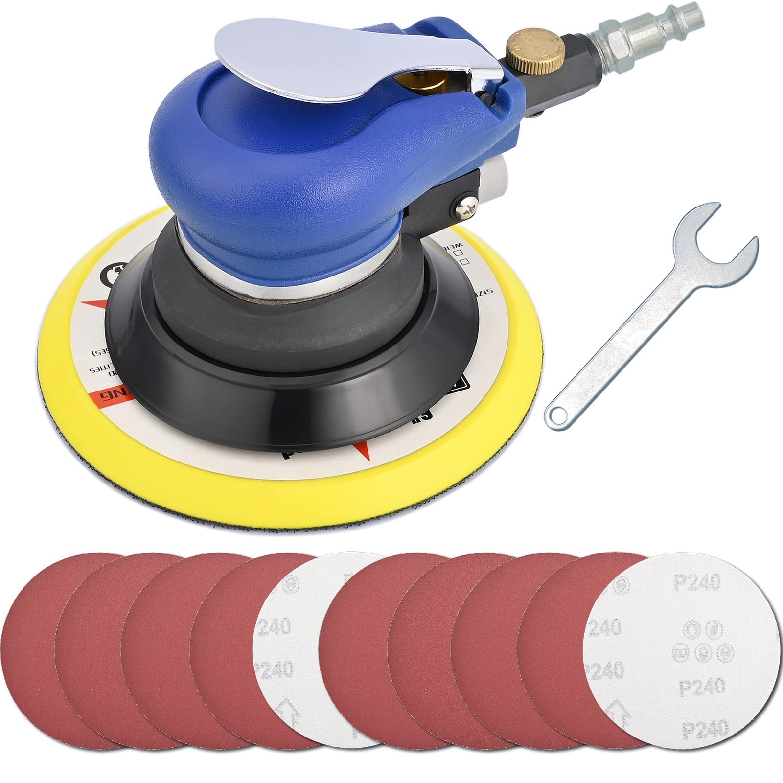 6 Inch Air Random Orbital Sander, Pneumatic Palm Sander Tool with 10 Pcs Sand...