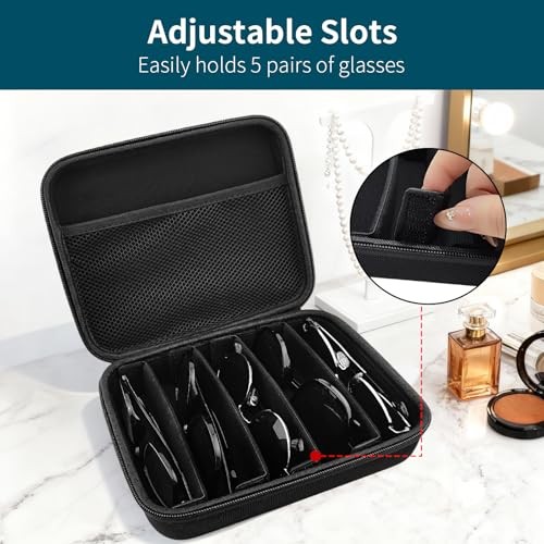Travel Sunglasses Organizer Case, 5 Adjustable Slot for Multiple Black