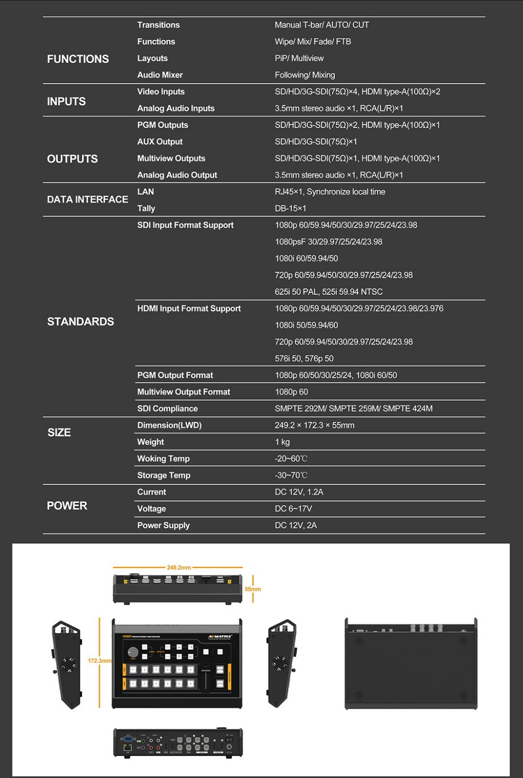 AVMATRIX VS0601 4×SDI 2×HDMI inputs GPIO Live TALLY Multi-Format Video Switcher