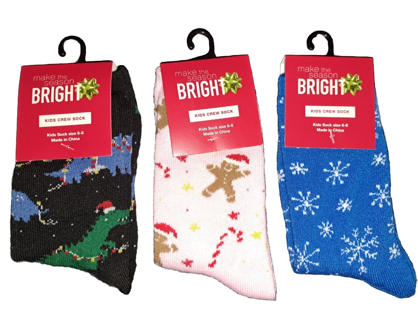 Christmas Crew Socks Kids Sock Sz 6-8 3 Pairs Holiday Snow Gingerbread Dino NEW