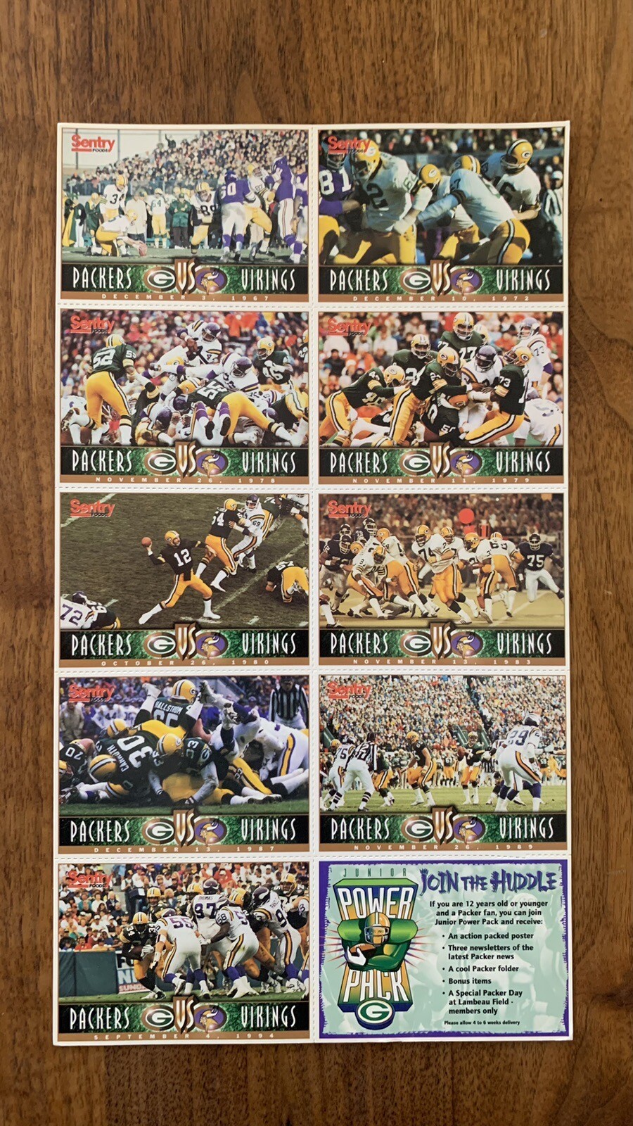 Green Bay Packers Sentry Foods Junior Power Pack Card Set Uncut Sheet