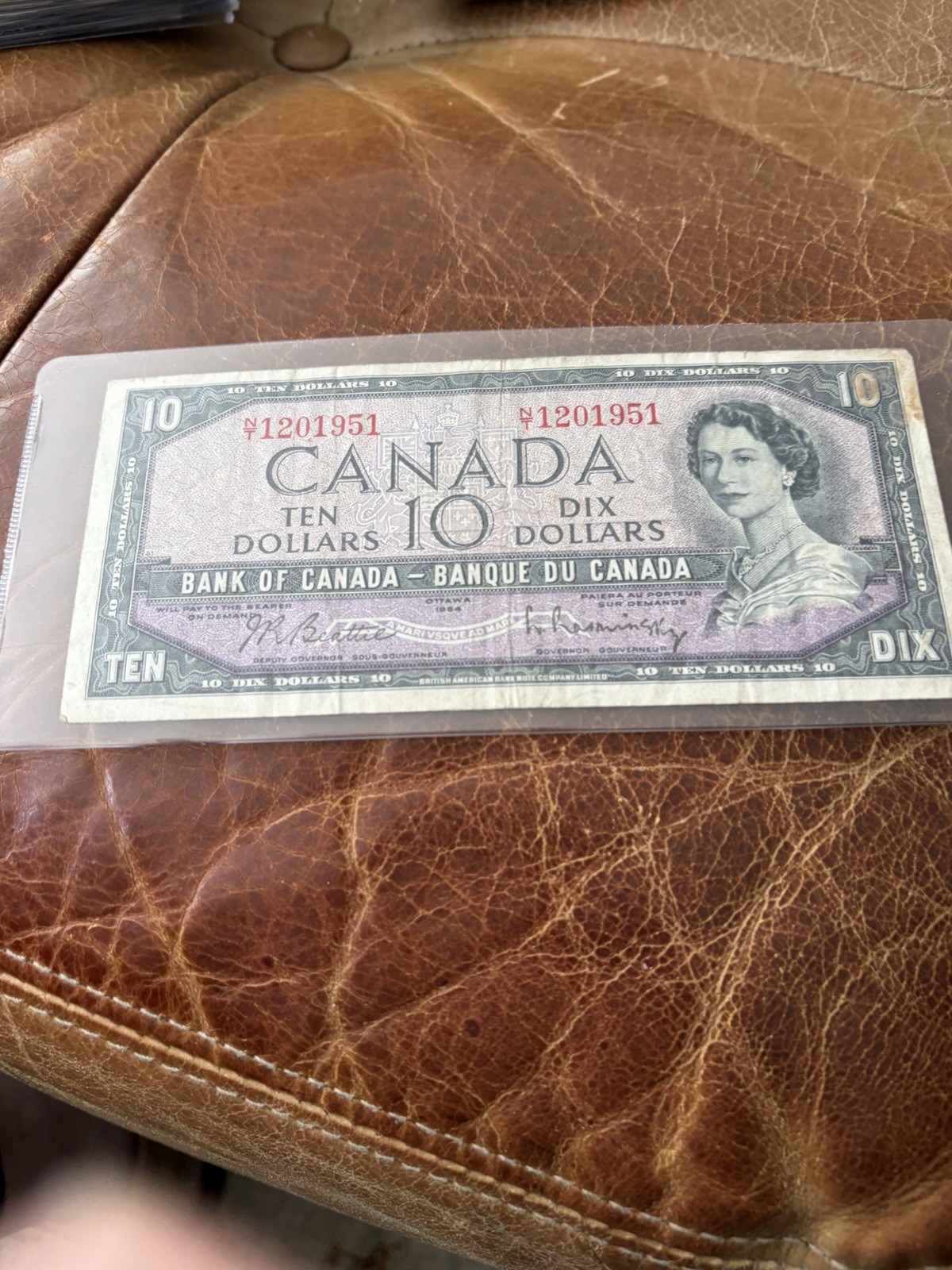 1954 Canadian 10 dollar bill Circulated In Great Condition Purple. 🇨🇦