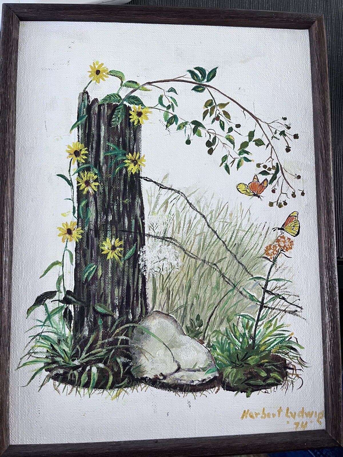 Butterflies Flowers Tree Trunk Painting Signed Ludwig 1994