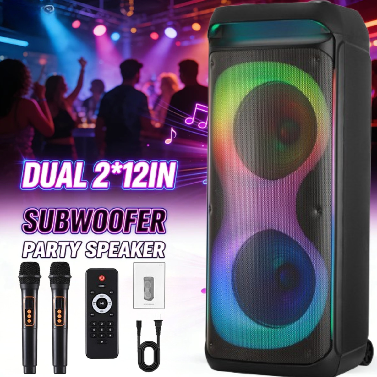 Dual 12'' Sub woofer Portable Bluetooth Party Speaker Heavy Bass Sound System