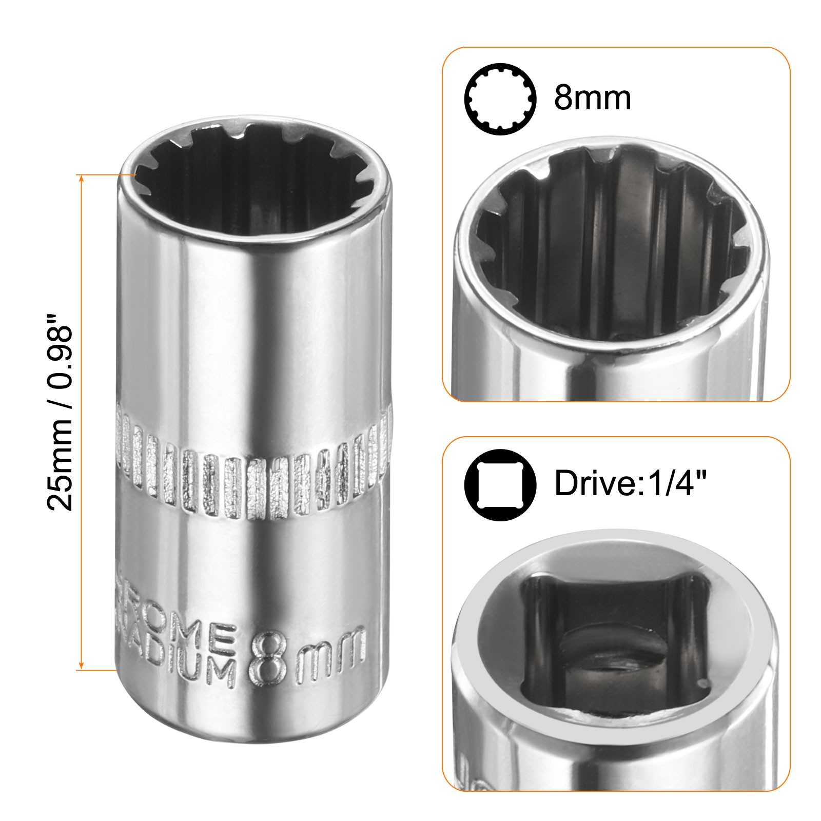 12 Points Socket 1/4" Drive 8mm Metric Shallow Impact Socket