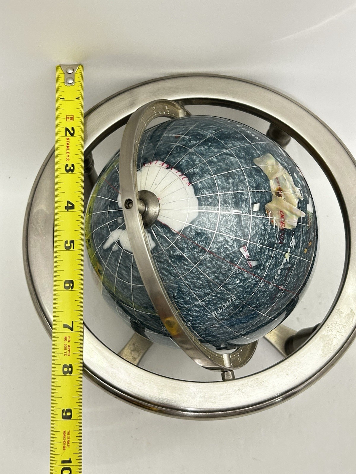 Blue Table Top Gemstone World Globe Silver Tripod