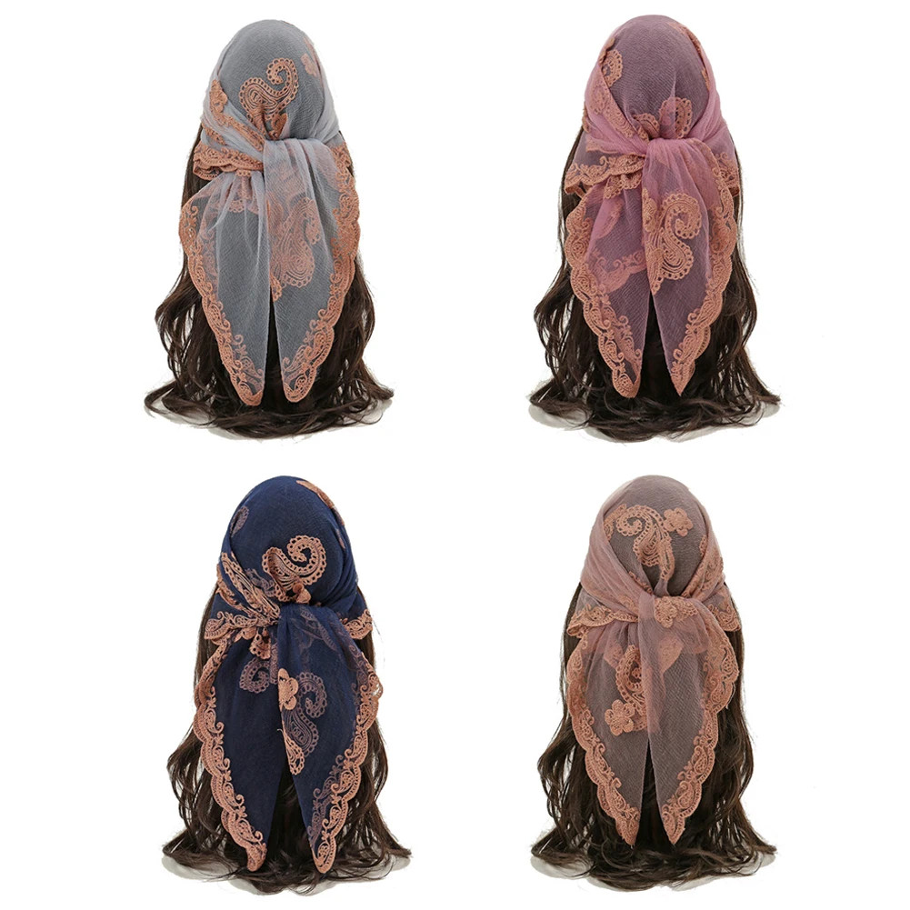 Lace Embroidery Bandana Square Scarf Elegant Breathable Silk Scarves Women Sunsc