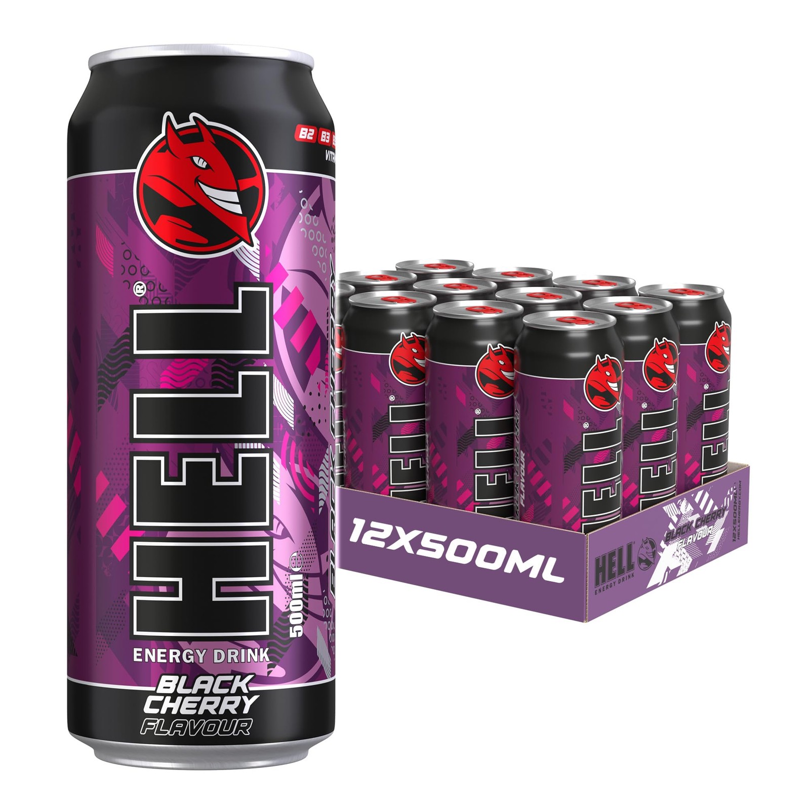 HELL BLACK CHERRY Energy Drink | +20% More Caffeine | Vitamins B2, B3, B6, B12,