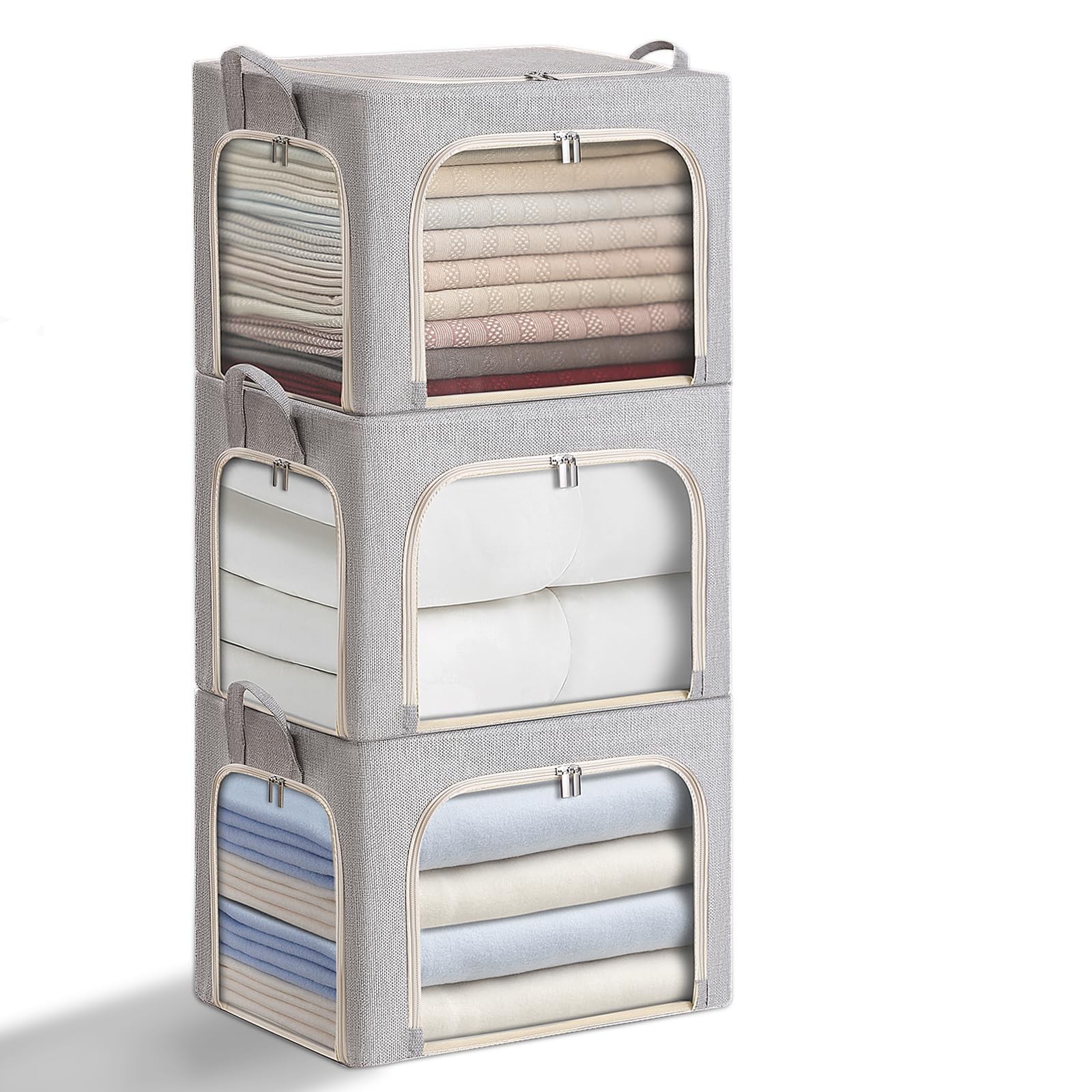 3 PCS Stackable Foldable Linen Clothes Storage Bins Metal Frame Clear Window