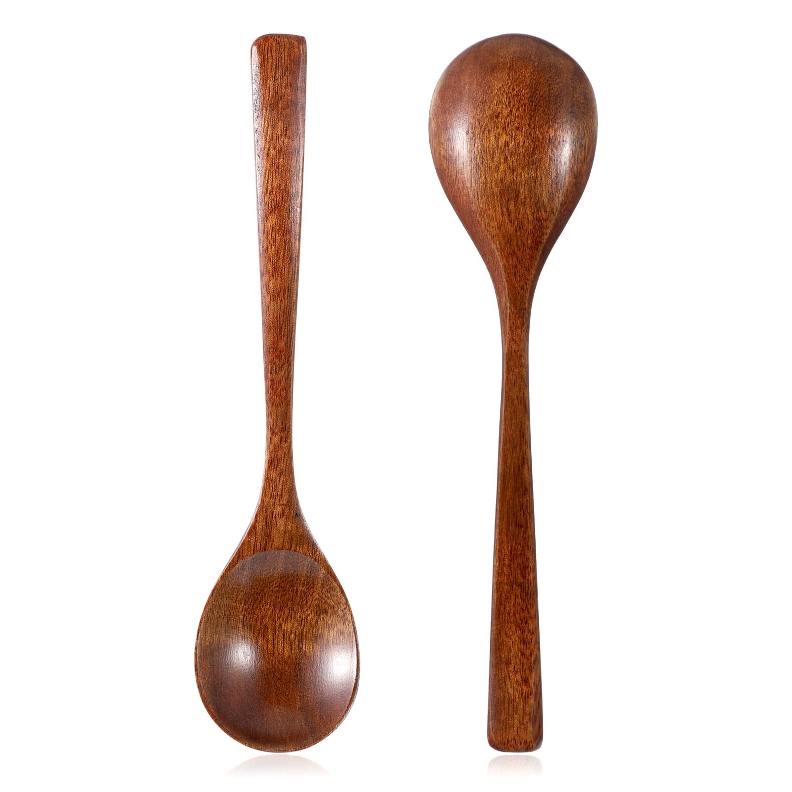 2 Pcs Wooden Spoon for Eating, 7 Inch Wooden Soup Spoons Long Handle Woodens ...