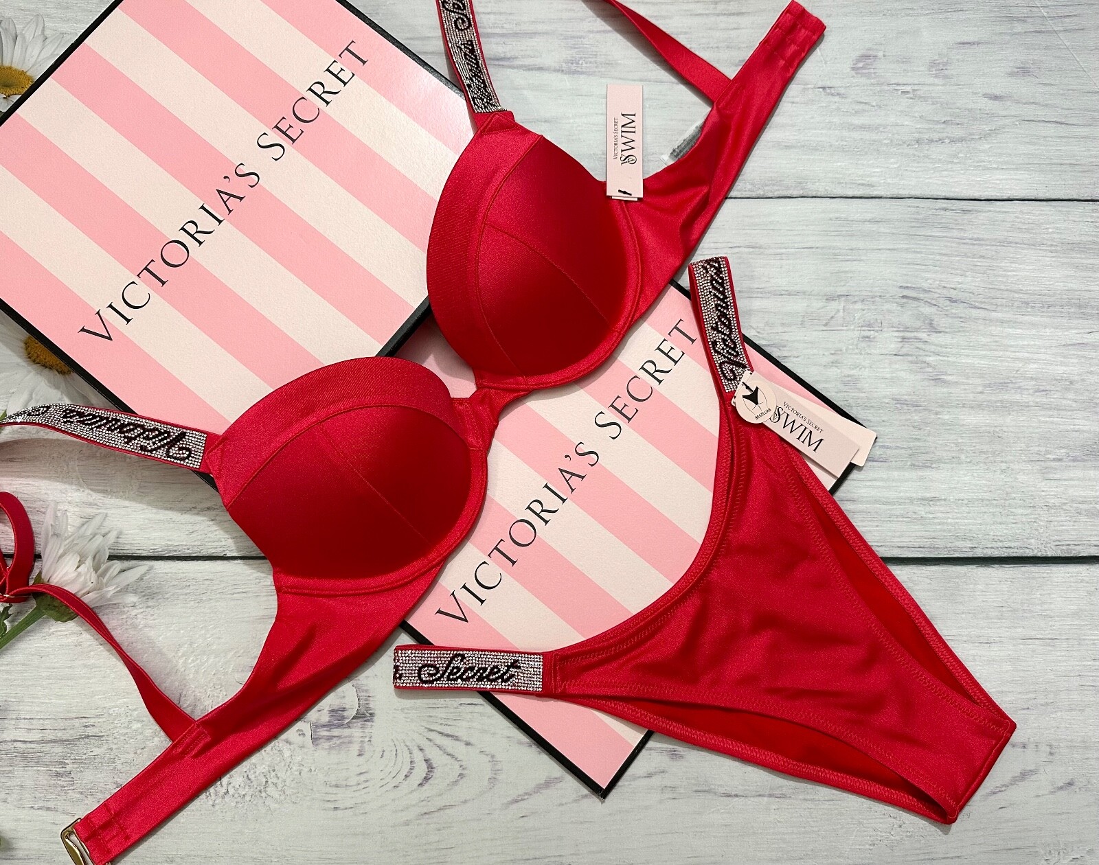 VICTORIAS SECRET SWIM Logo Shine Strap Tee Push-Up Bikini Brazilian Set Red/Pink